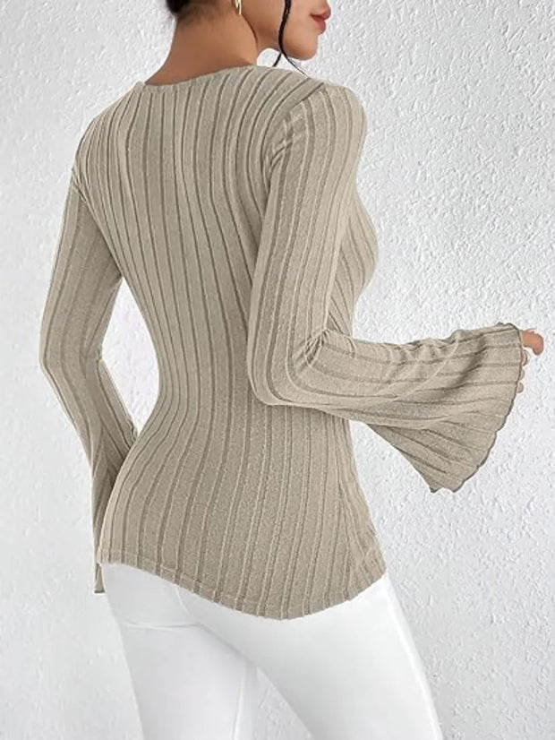 Ribbed Flare Sleeve Top – Slim Fit Knit in beige, showcasing flared sleeves and ribbed texture.