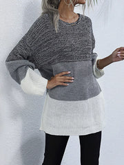 Color Block Round Neck Oversized Sweater featuring a stylish gray and white design, perfect for cozy and chic layering.