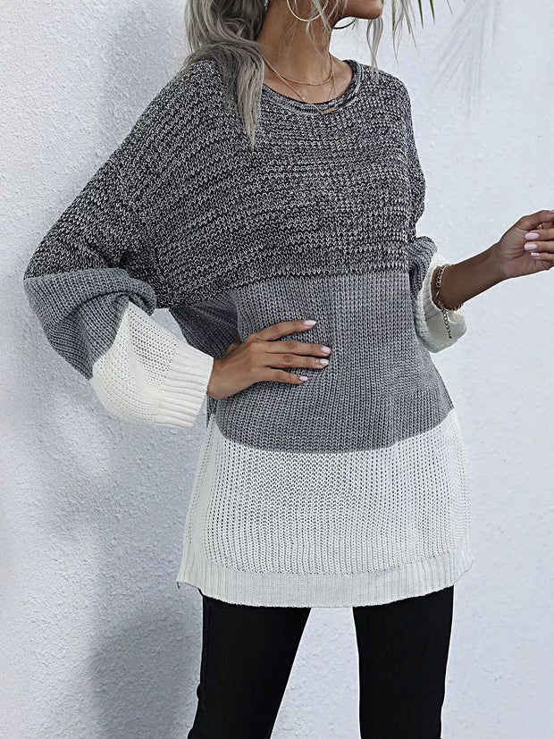 Color Block Round Neck Oversized Sweater featuring a stylish gray and white design, perfect for cozy and chic layering.