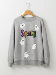 Halloween Spooky Ghost Sequin Sweatshirt featuring a fun ghost design with sparkly sequins on a cozy gray fabric.