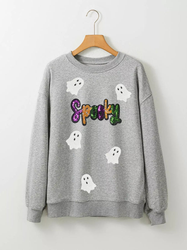 Halloween Spooky Ghost Sequin Sweatshirt featuring a fun ghost design with sparkly sequins on a cozy gray fabric.