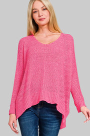 Zenana Dolman Sleeve V-Neck Knit Sweater in pink, featuring a relaxed fit and modern V-neckline.