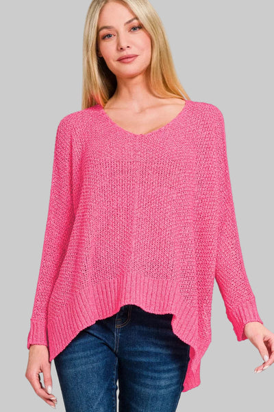 Zenana Dolman Sleeve V-Neck Knit Sweater in pink, featuring a relaxed fit and modern V-neckline.