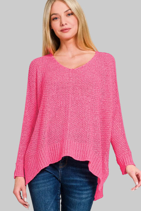 Zenana Dolman Sleeve V-Neck Knit Sweater in pink, featuring a relaxed fit and modern V-neckline.