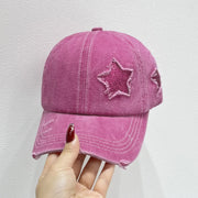 Star Embroidered Baseball Cap in pink with distressed star stitching for a trendy look.