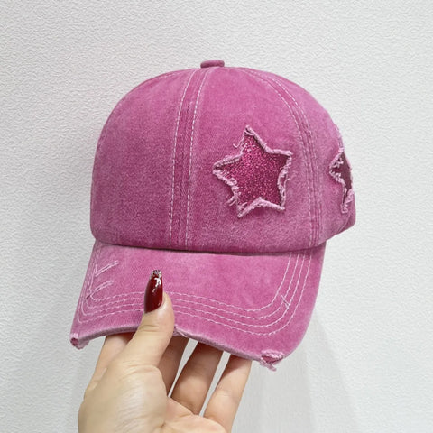 Star Embroidered Baseball Cap in pink with distressed star stitching for a trendy look.