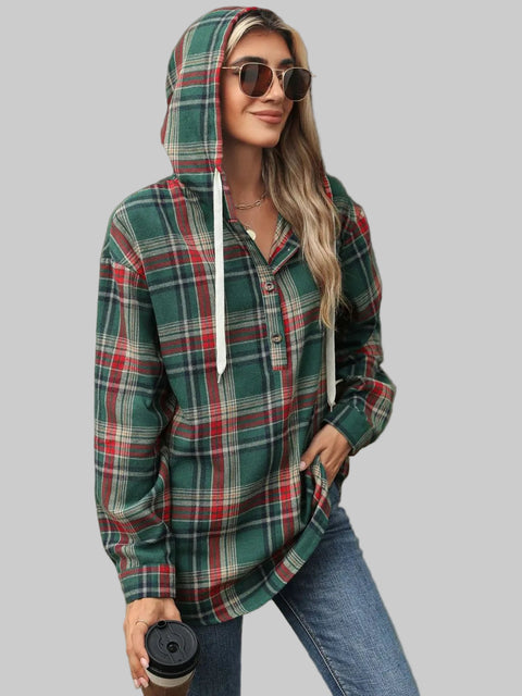 Plaid Hooded Drawstring Top in green and red plaid, featuring a relaxed fit and drawstring hood, perfect for casual wear.