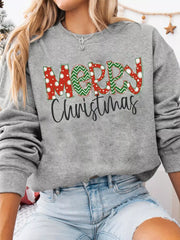 Gray Merry Christmas Letter Sweatshirt paired with denim shorts — a cute and casual outfit for cozy winter days
