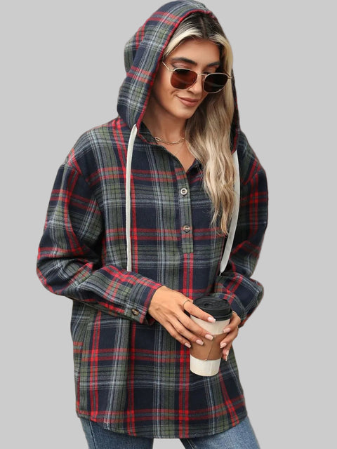 Plaid Hooded Drawstring Top with button-up front, cozy plaid pattern, and drawstring hood, worn casually with coffee.