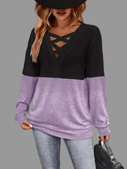 Crisscross V-Neck Color Block Top in black and lavender, styled for chic everyday wear.