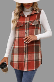 Plaid Button-Up Vest Coat worn by a woman holding a coffee cup, layered over a turtleneck.