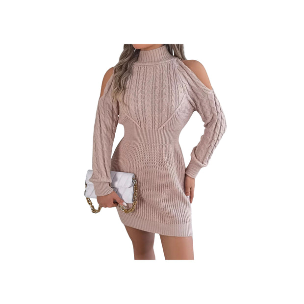 Cold Shoulder Cable Knit Turtleneck Sweater Dress – Long Sleeve Cutout Knit Dress worn with a stylish handbag.