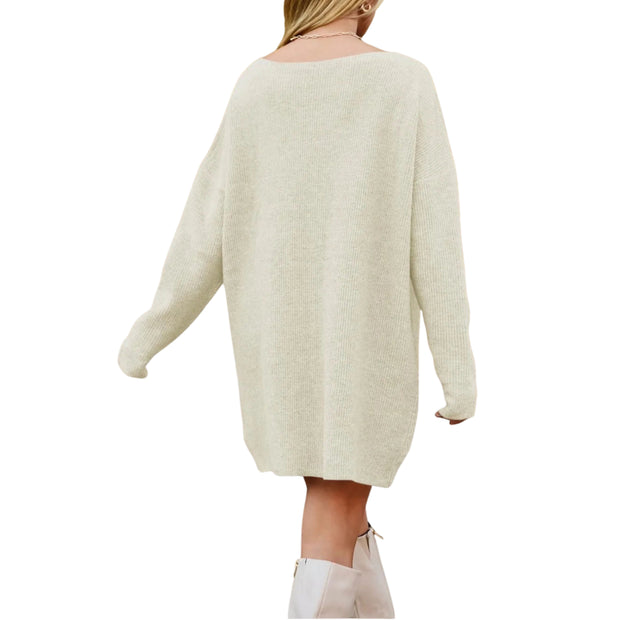 V-Neck Dropped Shoulder Sweater Dress – Cozy Knit Style featuring a relaxed back view and dropped shoulders.