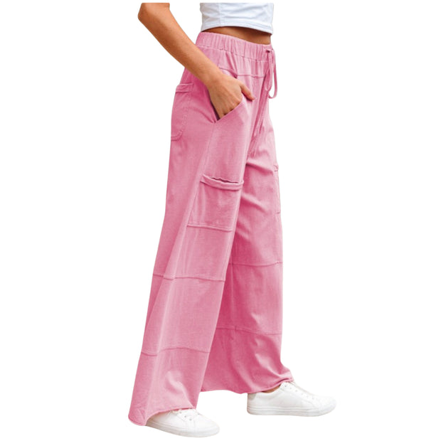 Mineral Wash Reverse Seam Drawstring Elastic Waist cargo pants in pink with adjustable waistband and cargo pockets.