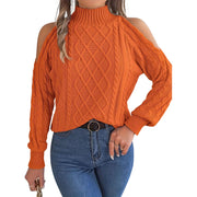 Cable Knit Cold Shoulder Turtleneck Sweater featuring a cozy cable-knit design in vibrant orange with stylish shoulder cutouts.