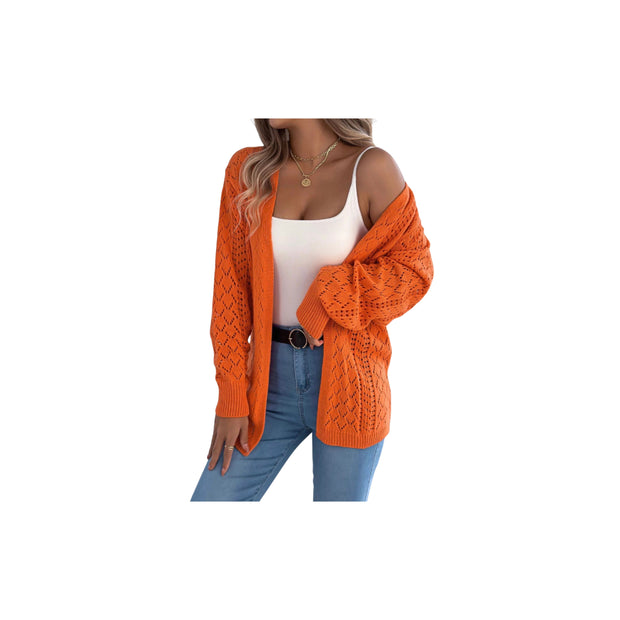 Openwork Knit Open-Front Cardigan – Lightweight Long Sleeve Layering Sweater in vibrant orange on model with casual outfit.