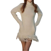 Cozy Fringe Turtleneck Sweater Dress – Long Sleeve Knit featuring a chic fringe hem and turtleneck design in a cozy knit.