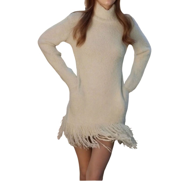 Cozy Fringe Turtleneck Sweater Dress – Long Sleeve Knit featuring a chic fringe hem and turtleneck design in a cozy knit.