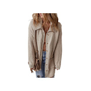 Cozy Button-Up Cardigan with Pockets – Long Sleeve Knit Sweater in beige displayed by model.