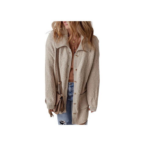 Cozy Button-Up Cardigan with Pockets – Long Sleeve Knit Sweater in beige displayed by model.