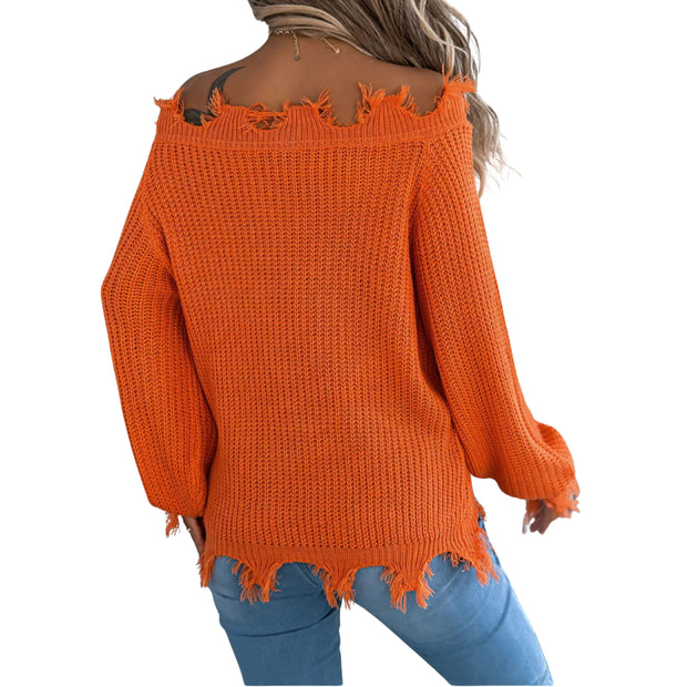 Distressed Hem Openwork Off-Shoulder Sweater – Relaxed Knit in bright orange with raw hemline and open-knit detailing.