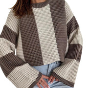 Cozy Color Block Oversized Sweater featuring a relaxed fit and stylish chunky knit pattern in earthy tones.