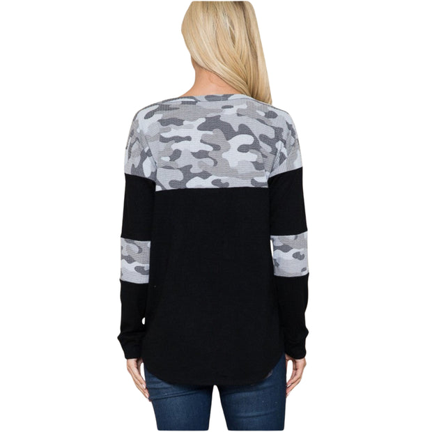 Back view of Camouflage Contrast Lightweight Sweater Knit showcasing a stylish drop-shoulder fit and textured camo print.