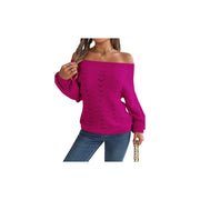 Trendy Openwork Off-Shoulder Knit Sweater – Cozy Fall Long Sleeve Top in vibrant pink, styled with jeans.