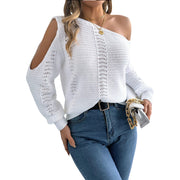 One-Shoulder Openwork Cutout Long Sleeve Sweater – Chic Knit Pullover worn with stylish jeans and accessories.