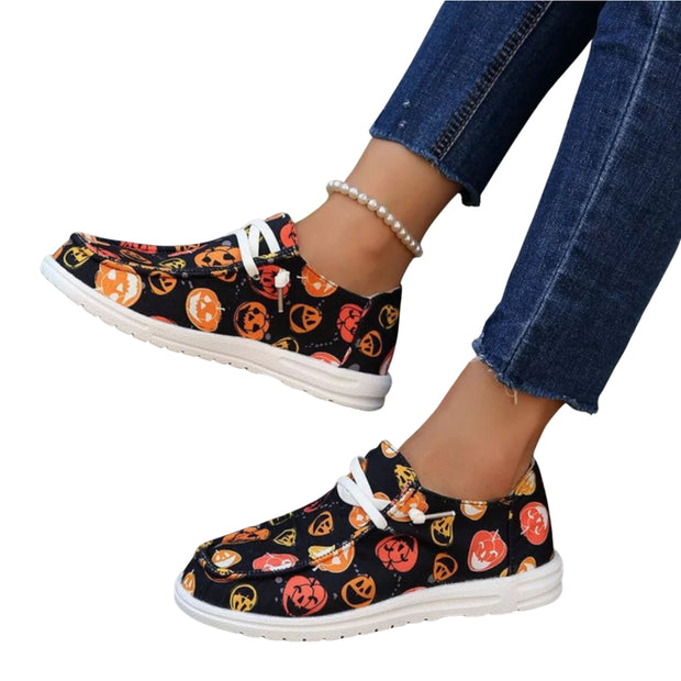 Halloween Pumpkin Print Round Toe Sneakers with playful pumpkin design and comfortable fit, perfect for fall outings.