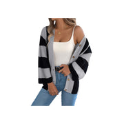 Cozy Color Block Button-Up Cardigan – Long Sleeve Knit Sweater in black and gray stripes, styled for casual wear.