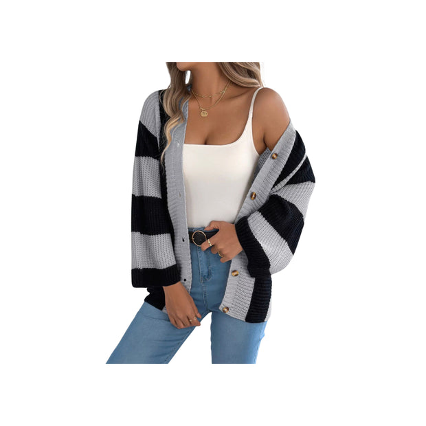 Cozy Color Block Button-Up Cardigan – Long Sleeve Knit Sweater in black and gray stripes, styled for casual wear.