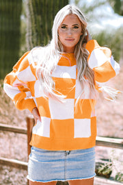 Orange Checkered Knit Bishop Sleeve Sweater