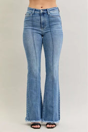Judy Blue High Waist Flare Fray Hem Jeans with Pintuck Detail showcasing high waist and flare leg design.