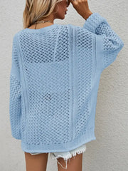 Openwork Button Front Cardigan in soft blue with intricate openwork design and relaxed fit, perfect for layering.