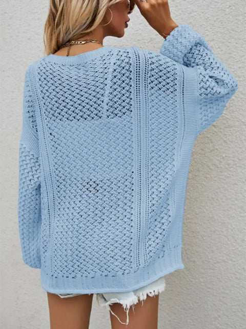 Openwork Button Front Cardigan in soft blue with intricate openwork design and relaxed fit, perfect for layering.