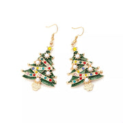 18K Gold Christmas Tree Earrings with sparkling rhinestones and synthetic pearls, perfect festive accessory for the holiday season.