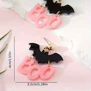 Halloween Bat “Boo” Dangle Earrings – Spooky Cute Statement Jewelry featuring bat and 'boo' charms.