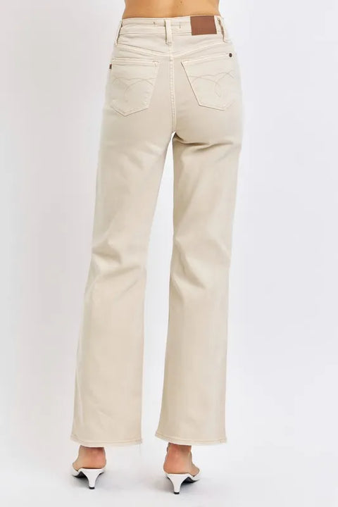 Judy Blue High Waist Distressed Wide Leg Jeans in light beige with ripped detailing