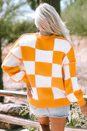 Orange Checkered Knit Bishop Sleeve Sweater
