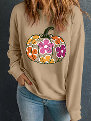 Halloween Floral Pumpkin Graphic Drop-Shoulder Sweatshirt with colorful floral pumpkin design.