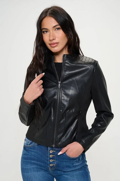 Model wearing black Coalition LA Vegan Moto Jacket with zip front and classic collar – front view