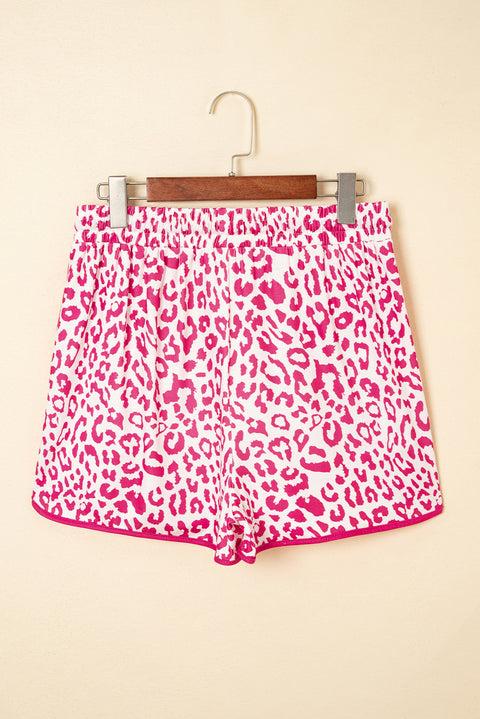 Pink Leopard Elastic Waistband Lace up Contrast Trim Casual Shorts