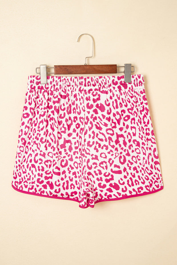 Pink Leopard Elastic Waistband Lace up Contrast Trim Casual Shorts