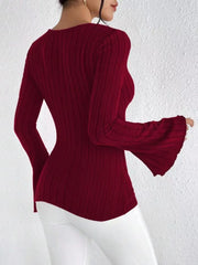 Ribbed Flare Sleeve Top in burgundy, showcasing ribbed texture and flared sleeves, perfect for stylish layering.