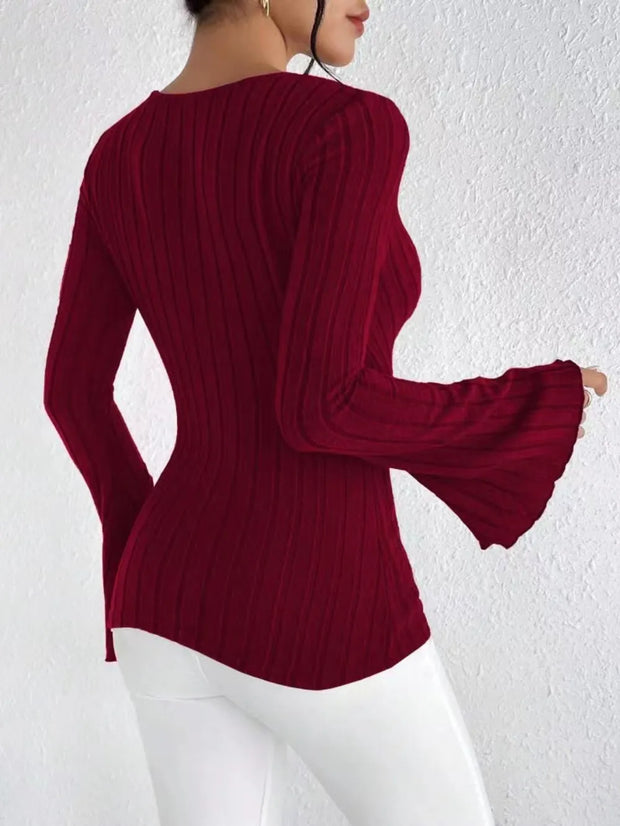 Ribbed Flare Sleeve Top in burgundy, showcasing ribbed texture and flared sleeves, perfect for stylish layering.