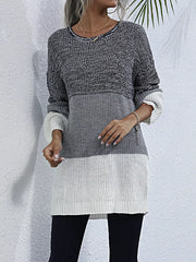 Color Block Round Neck Oversized Sweater featuring a cozy design in black, white, and gray, perfect for layering.