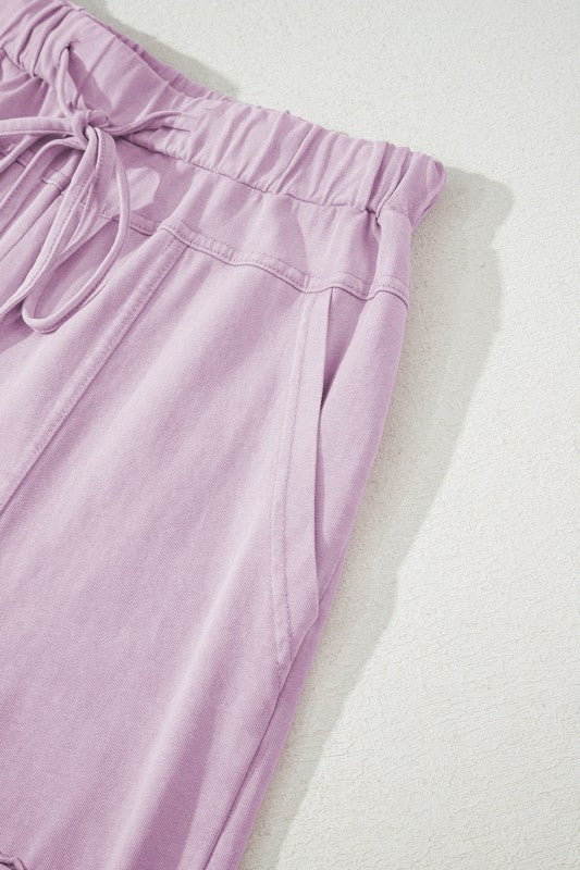 Mineral Wash Reverse Seam Drawstring Elastic Waist in soft lavender with functional cargo pockets.