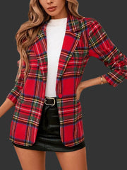 Plaid Single-Button Blazer in red and green, styled with a black skirt for a chic winter look.