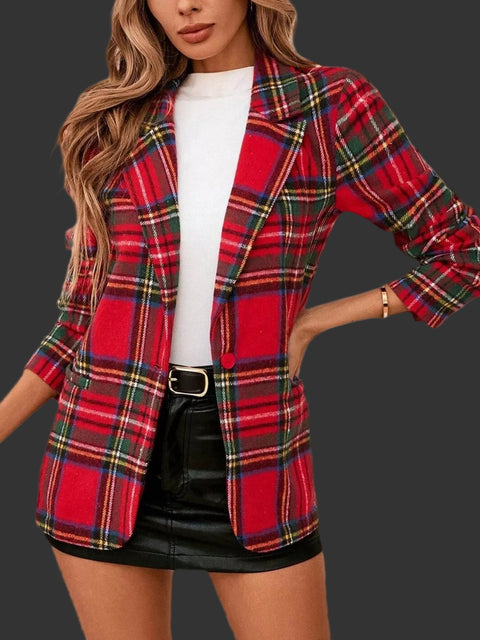 Plaid Single-Button Blazer in red and green, styled with a black skirt for a chic winter look.